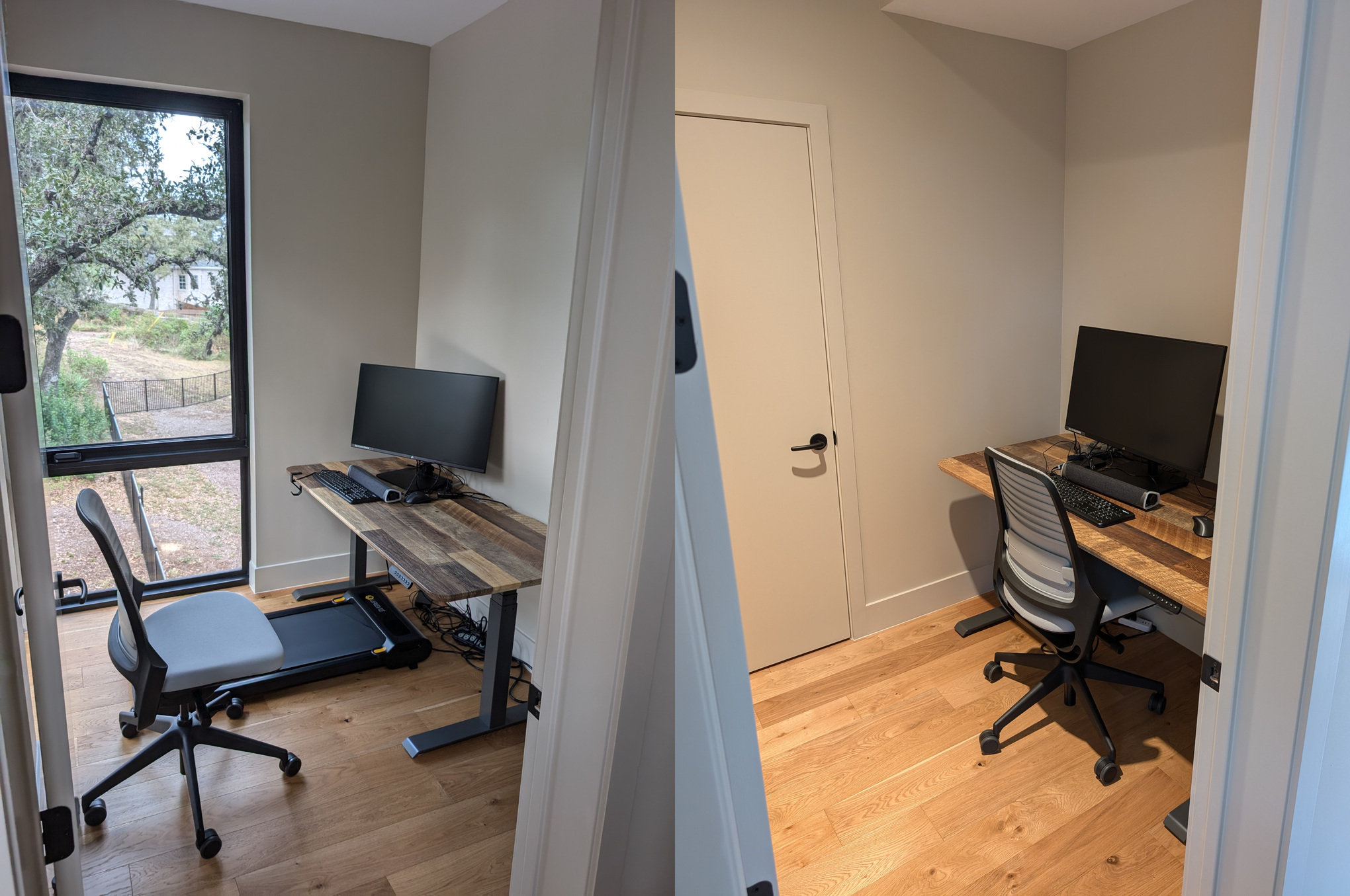 Two side-by-side photos depict two small rooms, each featuring a desk with a monitor and keyboard on it. The room on the left features windows showing a view of the yard. It also has a small tread mill, appropriate for taking a meeting while walking. The room on the right has no windows and looks drearier. A closed door in the back of the room leads to a mechanical closet.