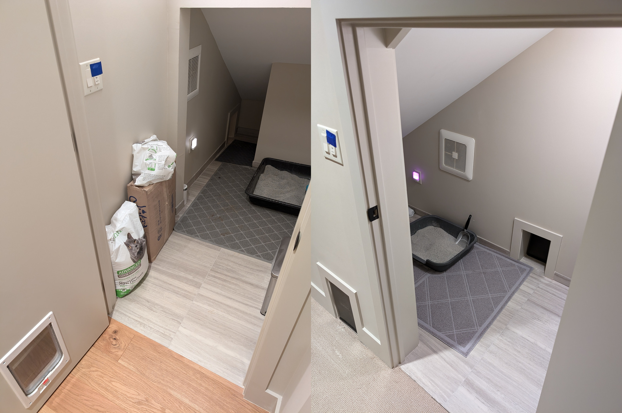 Two side-by-side photos depict rooms with slanted ceilings located under staircases. Each room has a cat litter box situated on a litter rug on top of a tiled floor, and an exhaust fan in the wall. Each room features two cat doors with plastic flaps leading to adjacent rooms, as well as a human-sized door.