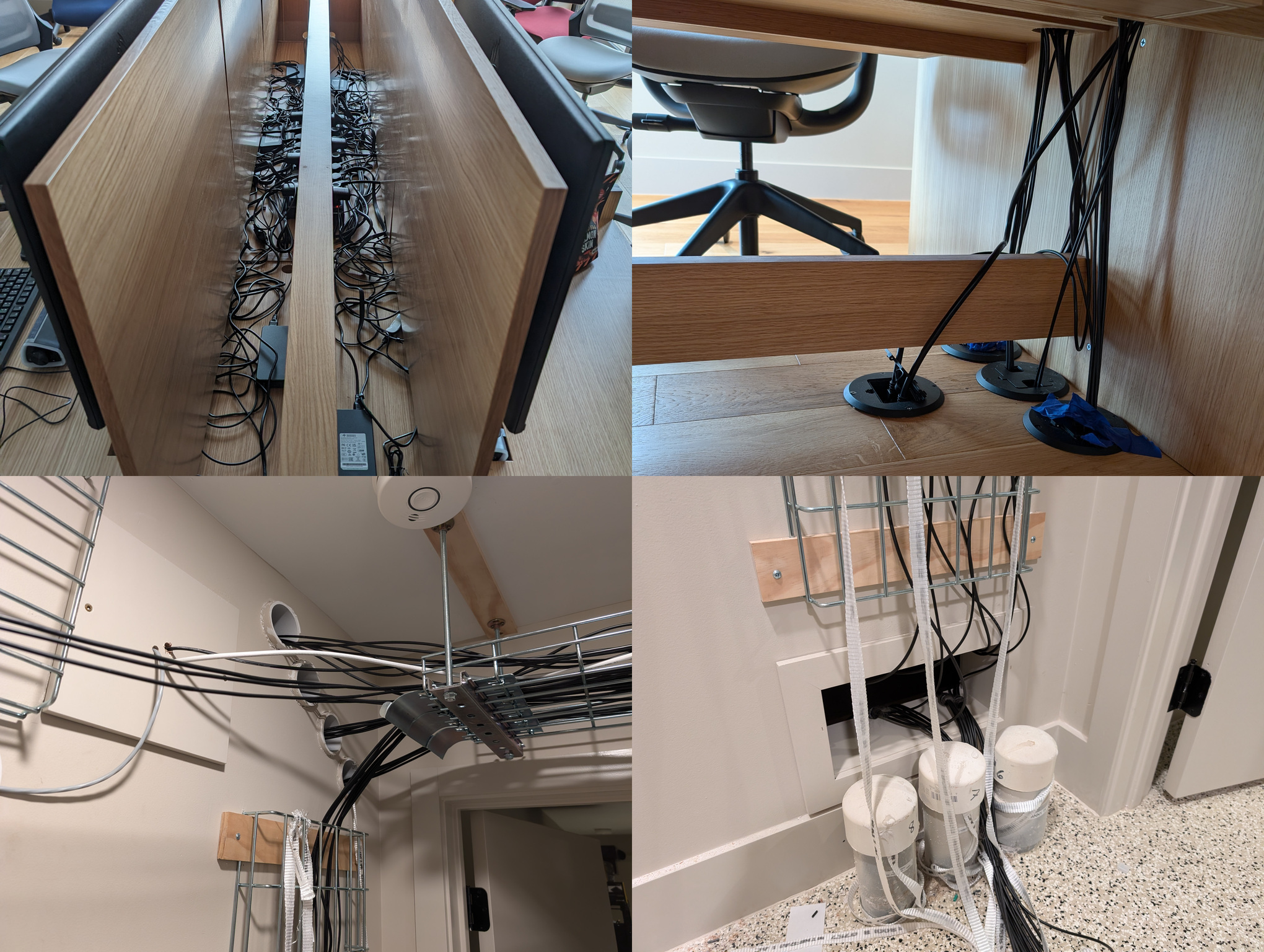 Four photos reveal how cables are managed. The top-left photo shows a trough in the center of the office table containing a mass of cables from the six computers. This trough is only visible when the stations are open, and only if you look from the side to see between the rows of monitors. The top-right photo shows the space under the office table. Wires come out of the middle of the table and enter holes in the floor. The lower-left photo shows where these cables eventually endup, coming out of cable conduits in the wall of another room. The lower-right photo shows another set of cables entering this room through a hole in the wall; these cables come from the game room.