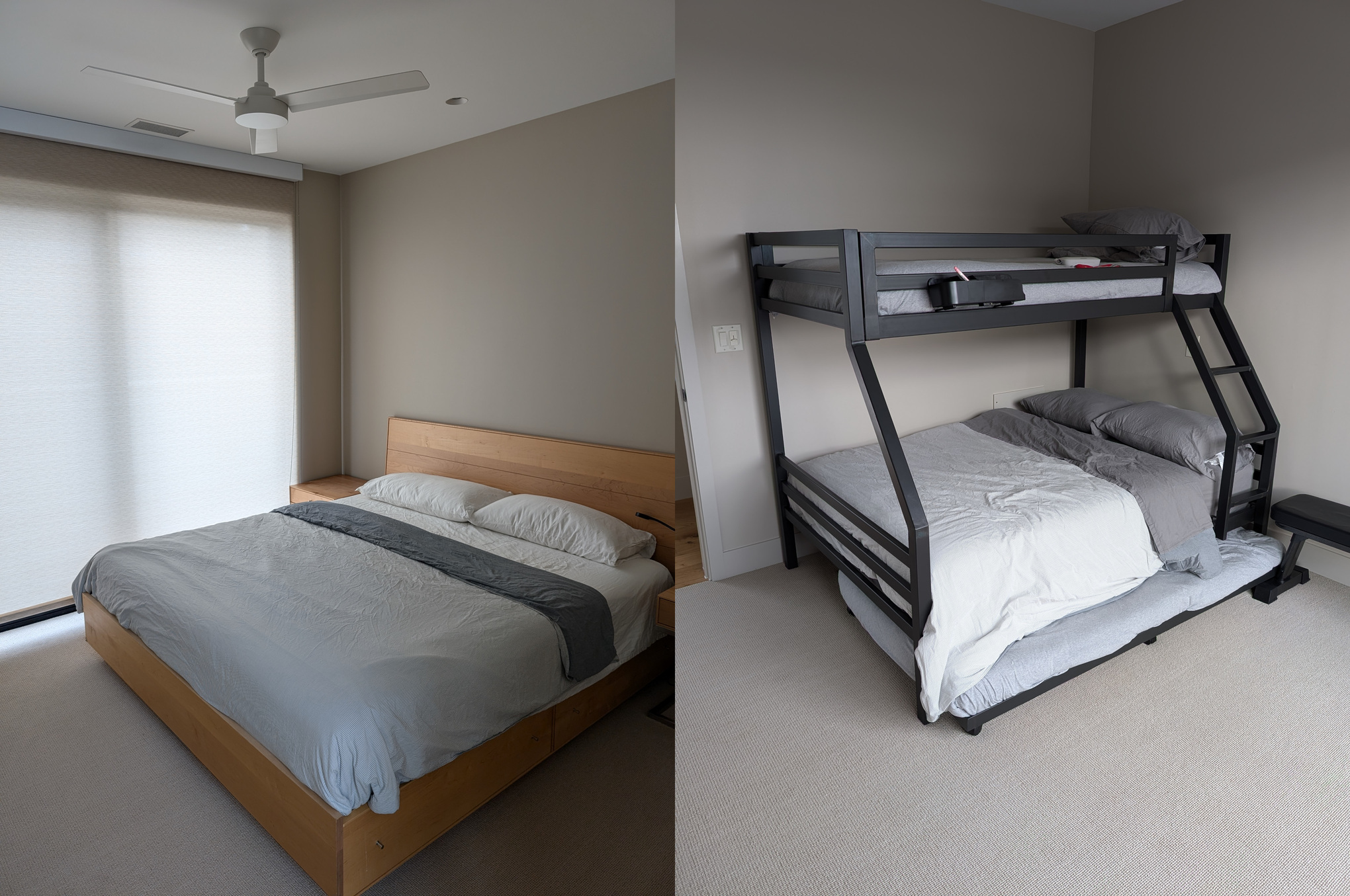 Two side-by-side photos depict two guest bedrooms. One room features a king-sized bed. The other features a bunk bed with a trundle beneath, which could sleep three to four people.